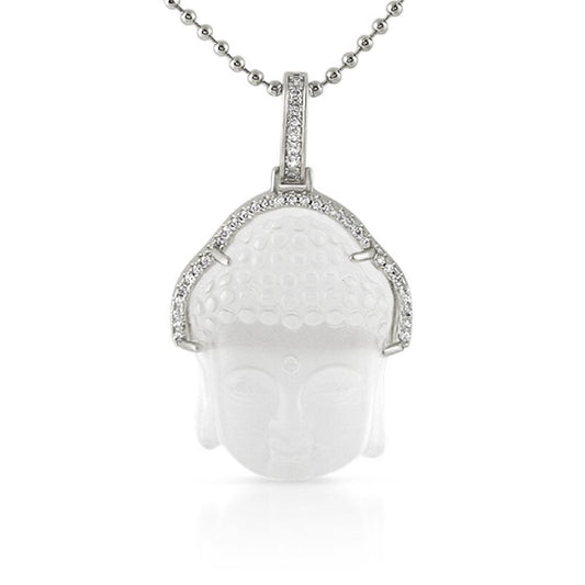 Carved Frosted Crystal Buddha Pendant Rhodium CZ Hair Outline
