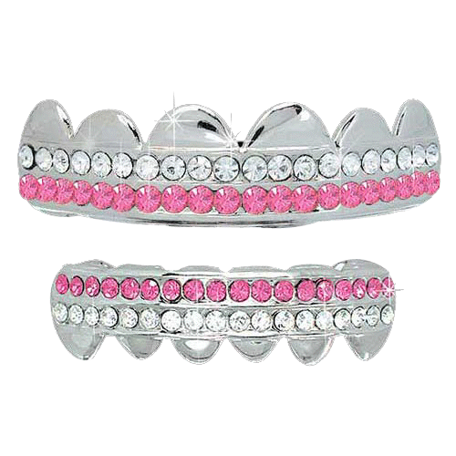 Pink / White Double Row Bling Silver Top Bottom Grillz Set