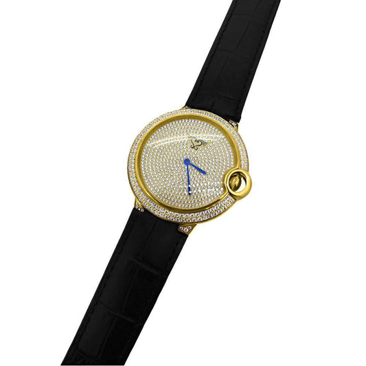 Mens CZ Pave Rounded Gold Black Leather Watch