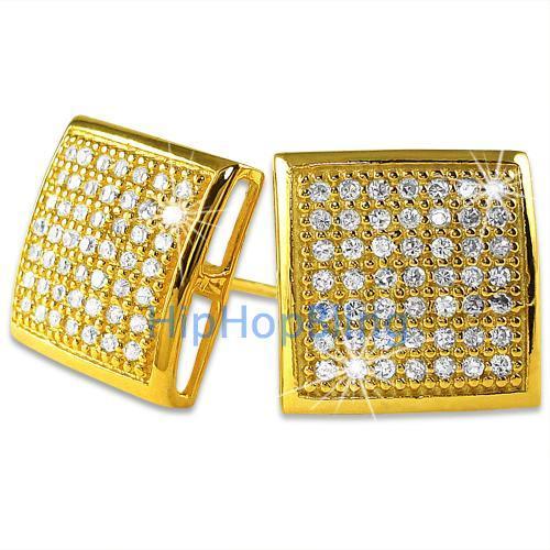 XL Gold Vermeil CZ Puffed Box Micro Pave Earrings .925 Silver