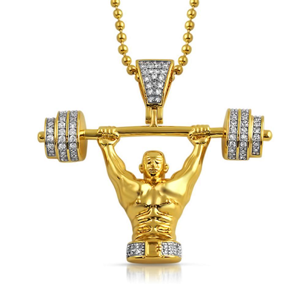 Champion Weightlifter 3D Gold CZ Bling Bling Pendant