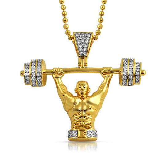 Champion Weightlifter 3D Gold CZ Bling Bling Pendant
