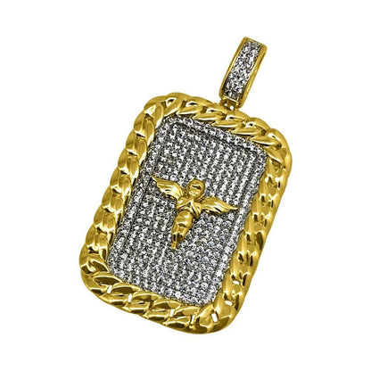 .925 Silver Cherub Angel Gold Cuban CZ Rectangle Pendant