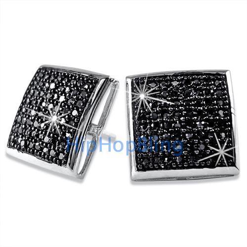 XXL Black CZ Puffed Box Bling Bling Micro Pave Earrings .925 Silver