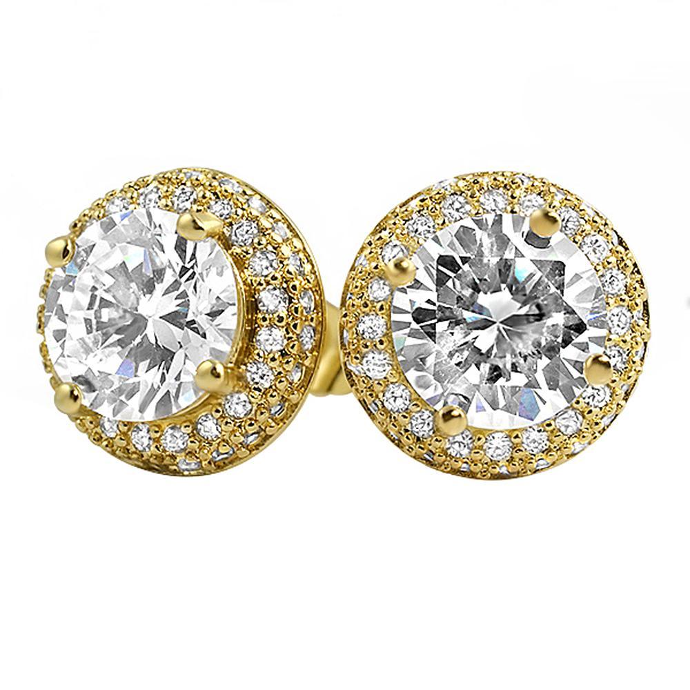 Gold Solitaire Center Micro Pave Border CZ Earrings
