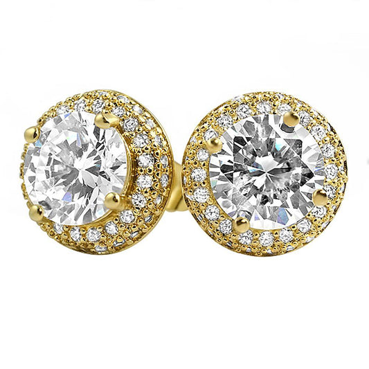 Gold Solitaire Center Micro Pave Border CZ Earrings