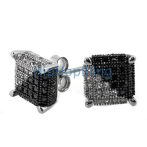 3D Cube Medium .925 Silver Black & White Diagonal CZ Earrings