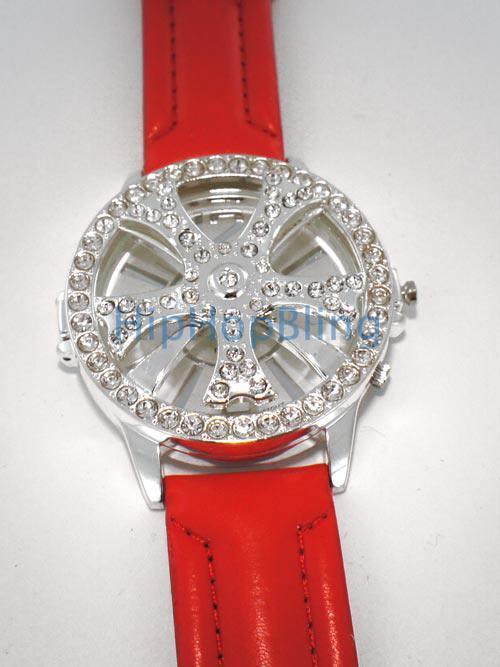 Spinner Rim Iced Out Watch Red Leather Band