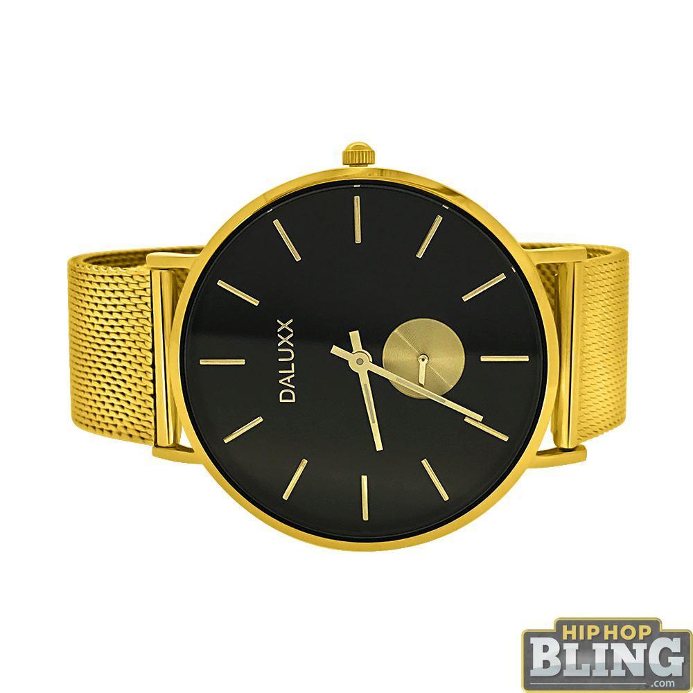 Gold Subdial Mesh Band Watch Black Dial