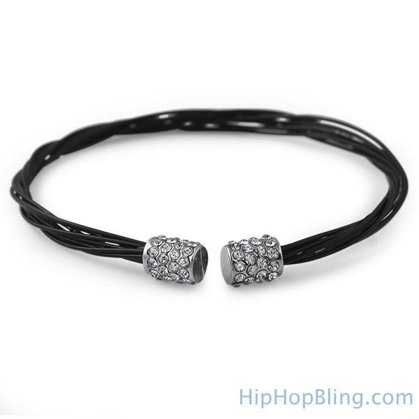 Rhodium Bling Guitar String Style Blac Bracelet