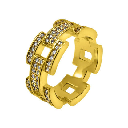 .925 Silver Prez Link Eternity Band Gold CZ Bling Ring