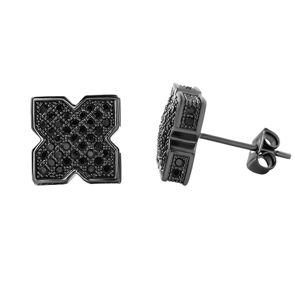 3D Pointed X Black CZ Bling Bling Earrings