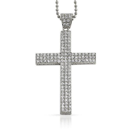 Triple Bling Bling CZ Micro Pave Cross Rhodium