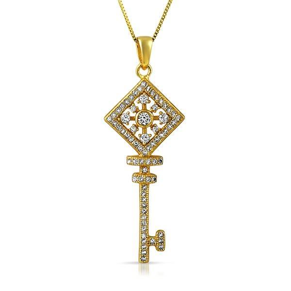 Key Square Wheel CZ Gold .925 Sterling Silver Pendant