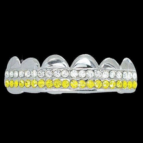 YELLOW / CLEAR Double Bar SILVER Iced Out Grillz Hip Hop Bling Grills TOP