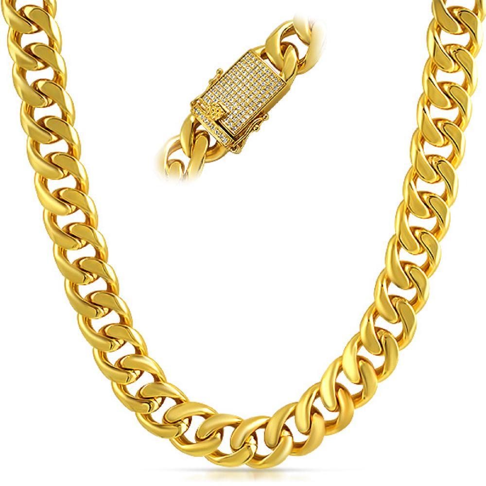 CZ Clasp 15MM Thick Cuban Chain Polished Gold