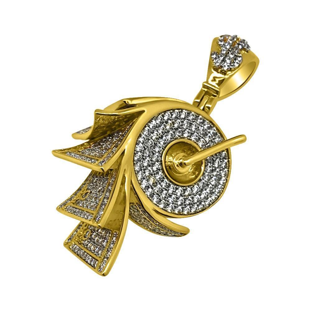 .925 Silver Money on a Roll Gold CZ Bling Bling Pendant (Free 36 Inch Bead Chain)