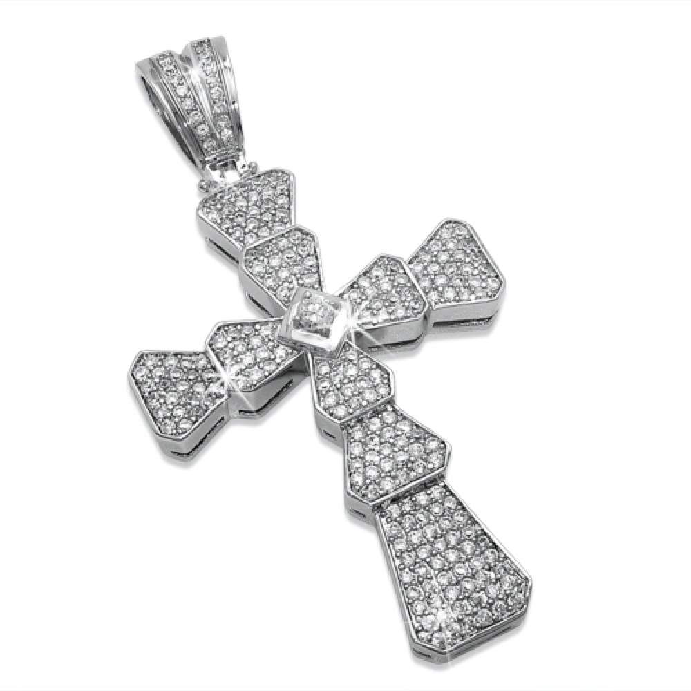 Ribbed Cross with Centerstone CZ Micro Pave Pendant