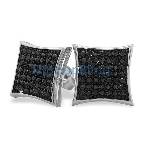 XL Puffed Kite Black CZ Micro Pave Earrings .925 Silver