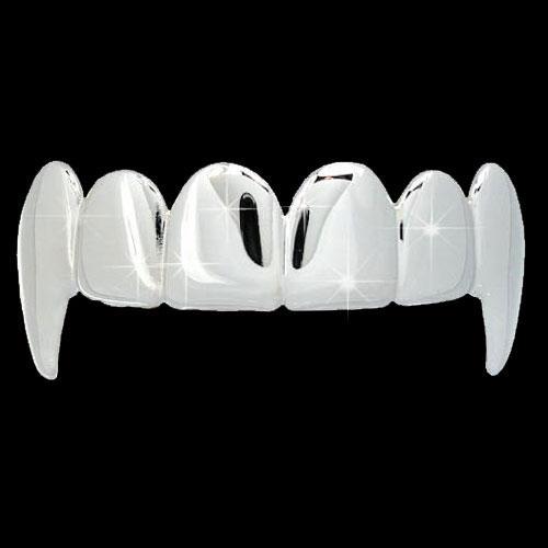 TOP Vampire Fang All Shiny Grills Silver Tone Teeth Grillz Hip Hop Bling