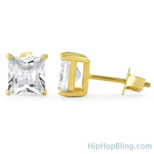 Princess Cut CZ Stud Earrings Gold .925 Silver