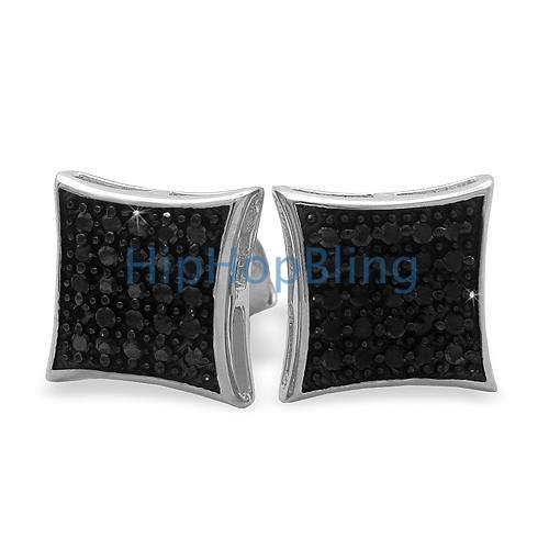Medium Puffed Kite Black CZ Micro Pave Earrings .925 Silver