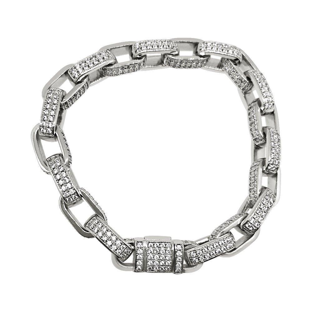 .925 Silver 3D CZ Box Link Rhodium Hip Hop Bling Bracelet (8")