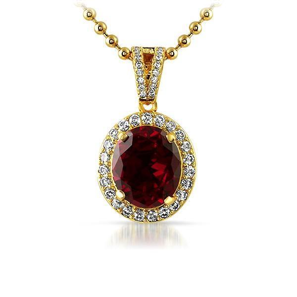 .925 Silver Gold Oval Red Lab Ruby Gem Pendant (Free 36 Inch Bead Chain)