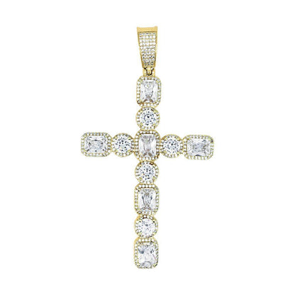 .925 Silver Emerald and Round Cut CZ Gold Cross