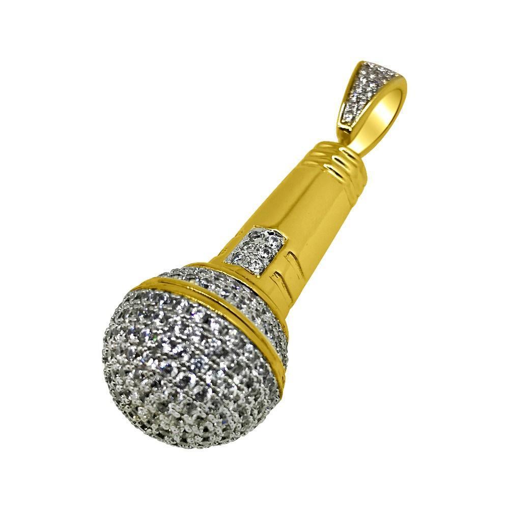 .925 Silver Microphone Hip Hop 3D CZ Gold Bling Pendant