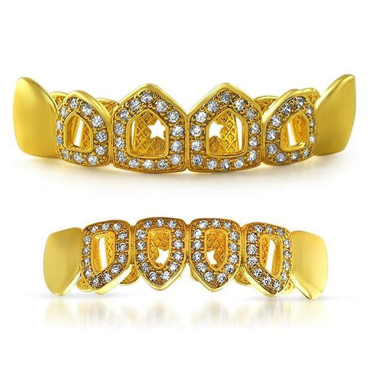 Polished 4 Open Tooth CZ Bling Gold Grillz Set