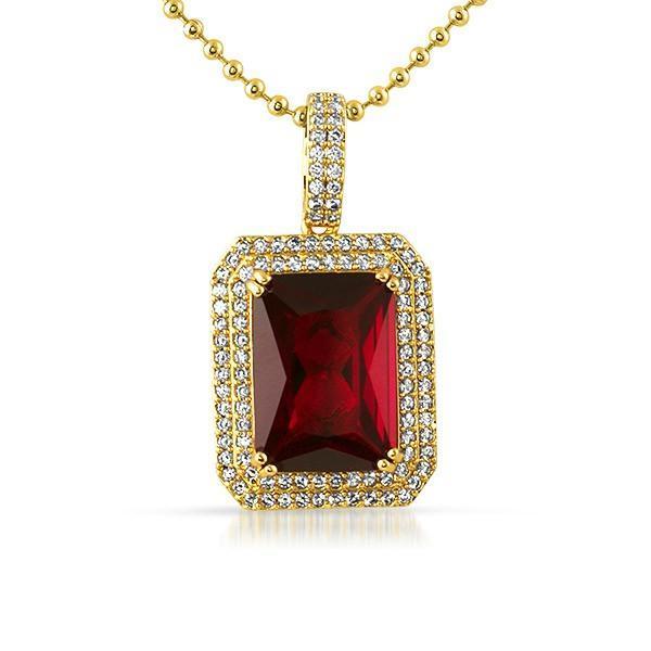 .925 Silver Double Iced Out Lab Ruby Red Gem Pendant