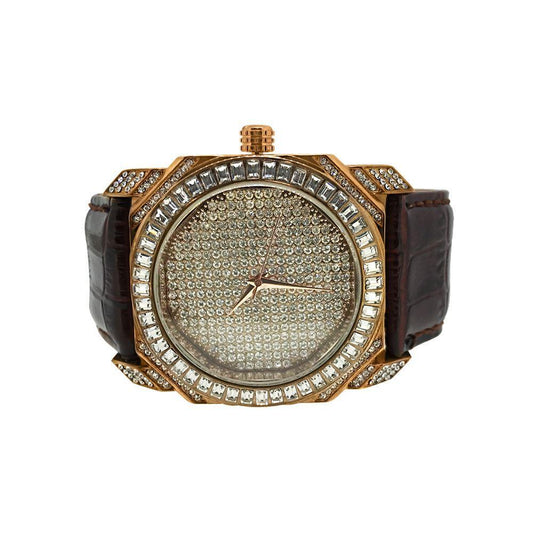 Bold Baguette Bling Bling Rose Watch Brown Band