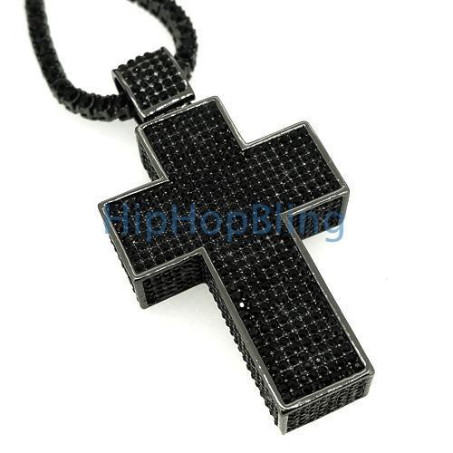 Black Mega 3D Bling Bling Cross & 1 Row Chain Set