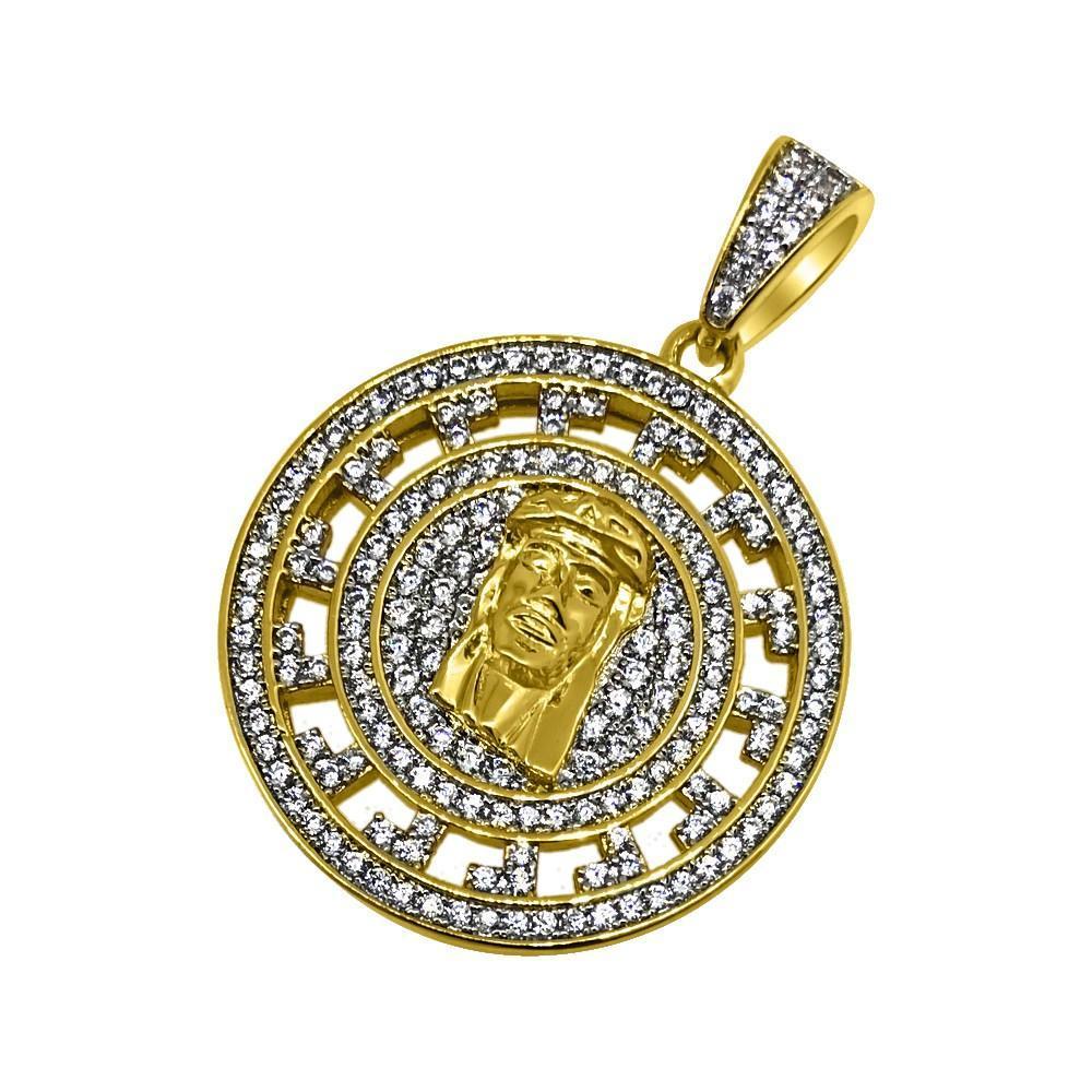.925 Silver Jesus Greek Pattern Gold CZ Circle Pendant (Free 36 Inch Bead Chain)