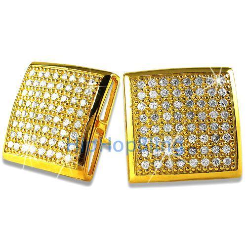 XXL CZ Puffed Box Gold Vermeil Bling Bling Micro Pave Earrings .925 Silver