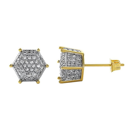 Gold 3D Pentagon CZ Micro Pave Earrings