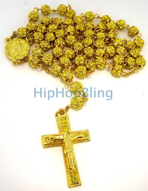 Lemonade Iced Out Bead Bling Bling Rosary Necklace