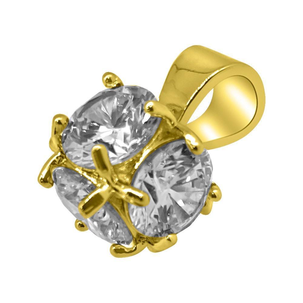 .925 Silver 3D CZ Diamond Gold Bling Bling Solitaire Pendant (Free 36 Inch Bead Chain)
