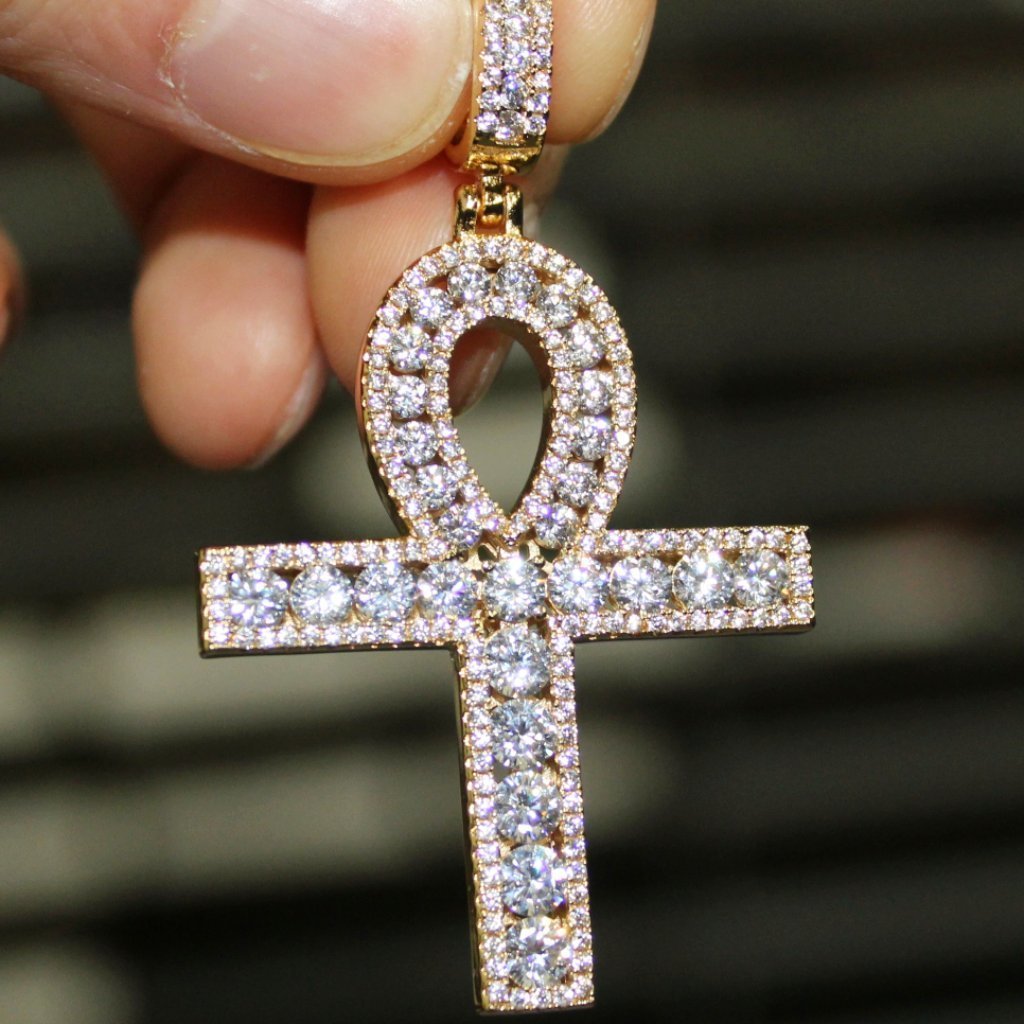 .925 Silver Channel Set Ankh Bling Bling Cross Gold