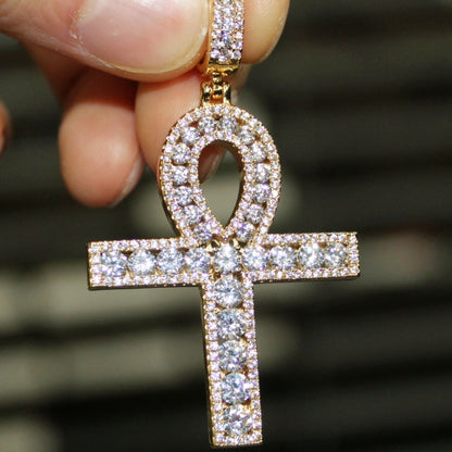 .925 Silver Channel Set Ankh Bling Bling Cross Gold