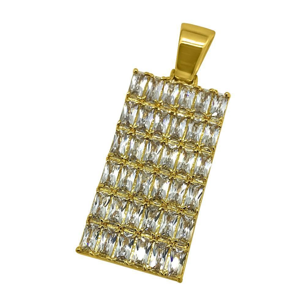 .925 Silver Baguette CZ Bling Bling Gold Dog Tag Pendant (Free 36 Inch Bead Chain)