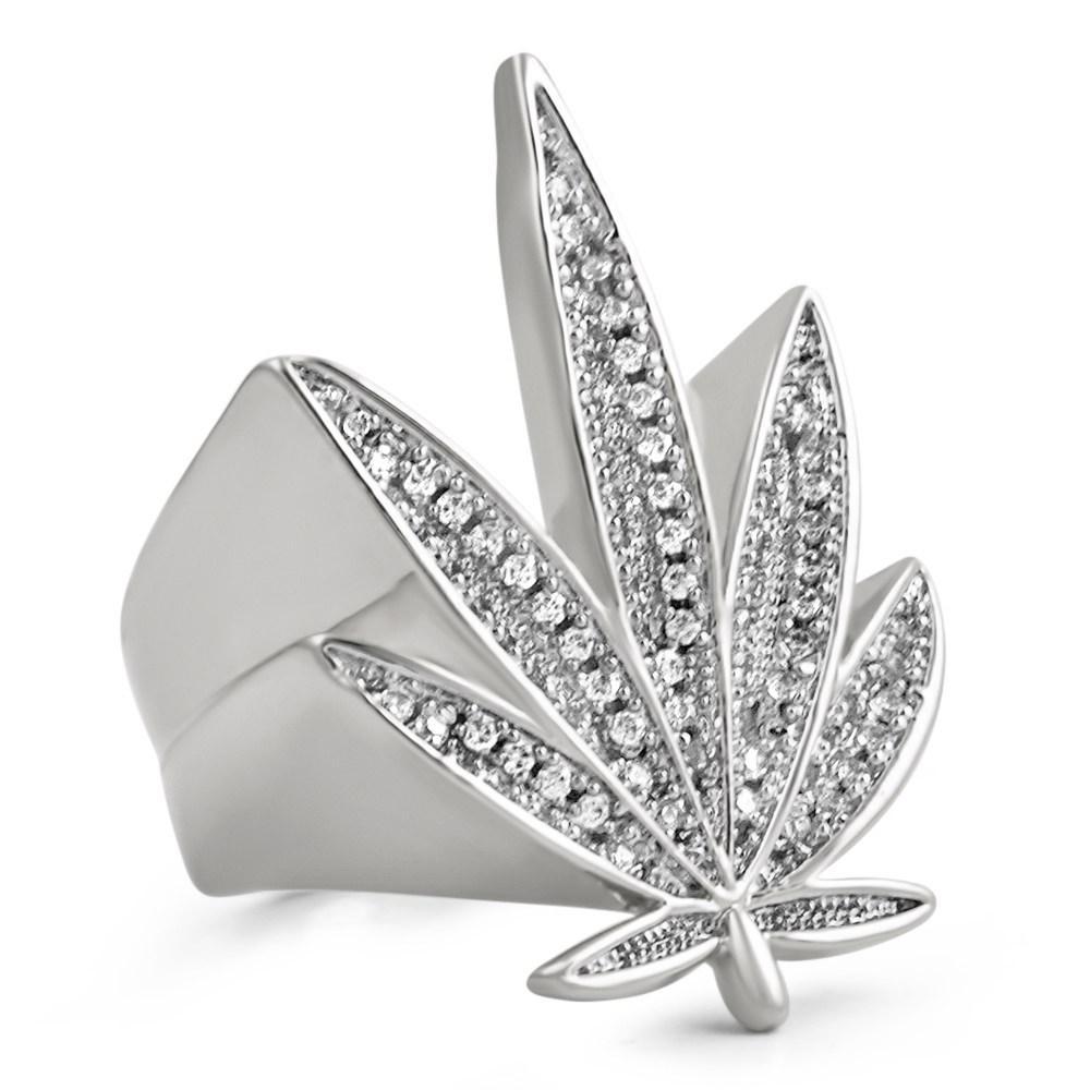 Marijuana Leaf 420 CZ Bling Bling Rhodium Ring