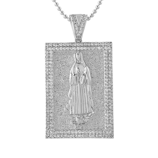 Mary Christian Rhodium Block CZ Medallion