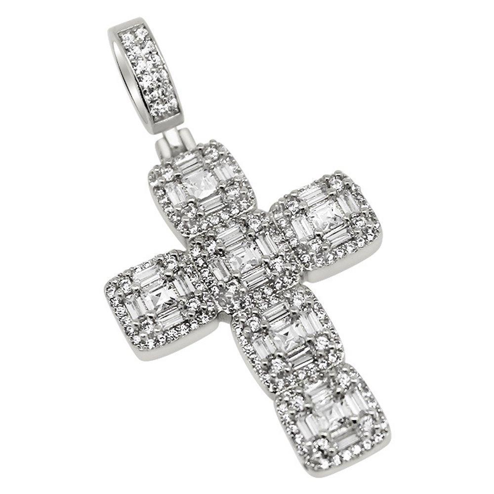 .925 Silver Asscher Cut Cluster CZ Rhodium Cross