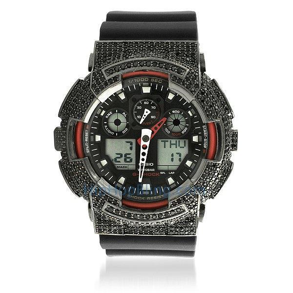 Custom Casio G Shock Watch GA100 Black CZ Red Trim