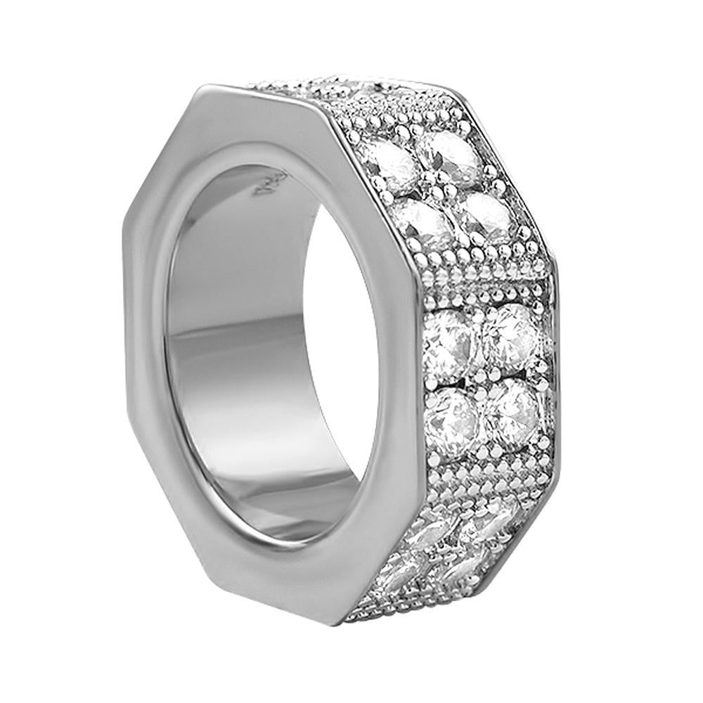 Thick Double Bling Octagon Ring Rhodium