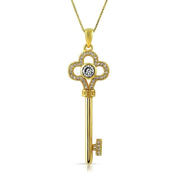 Gold Clover Key .925 Sterling Silver Pendant CZ
