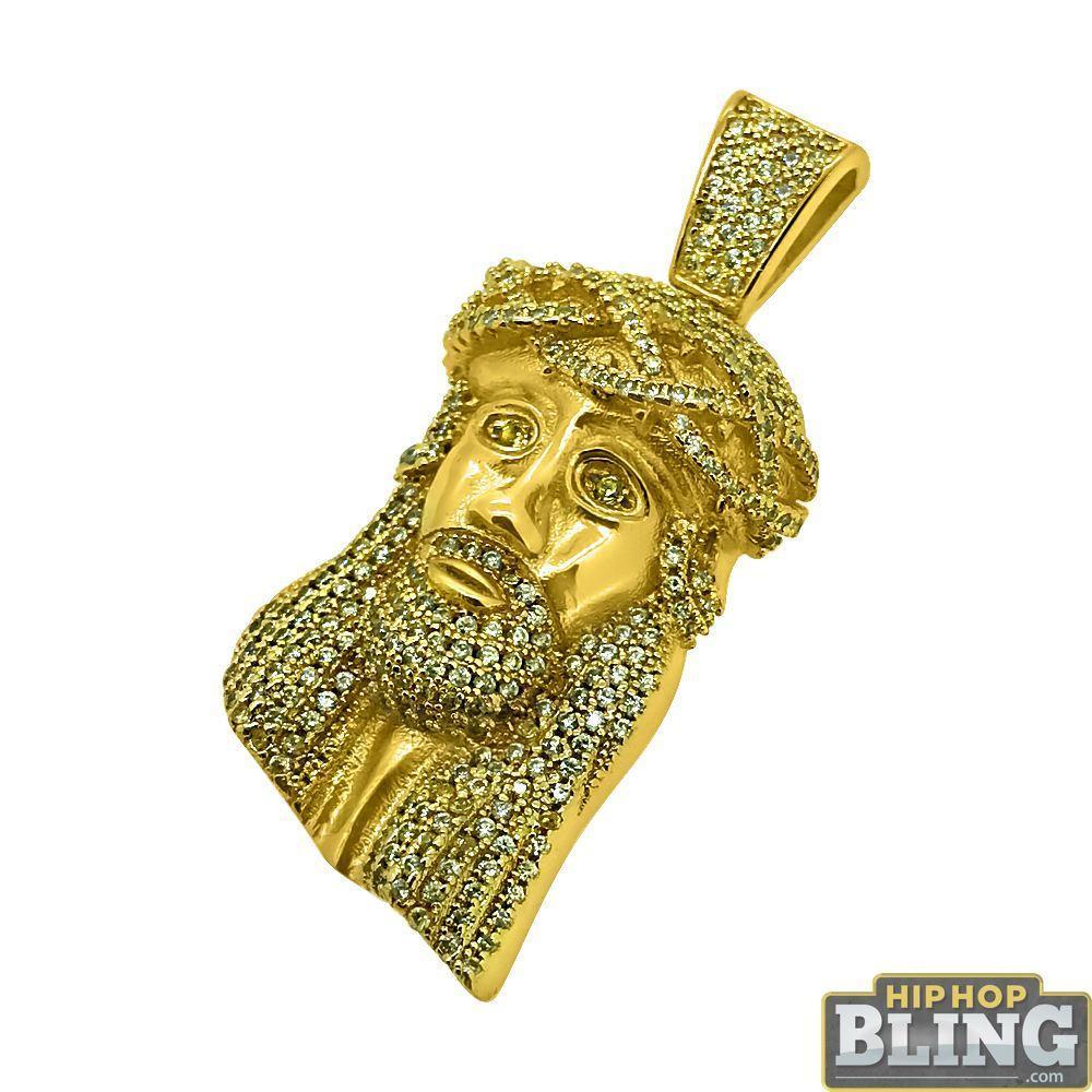 Solid Mini Gold Jesus Piece Canary CZ .925
