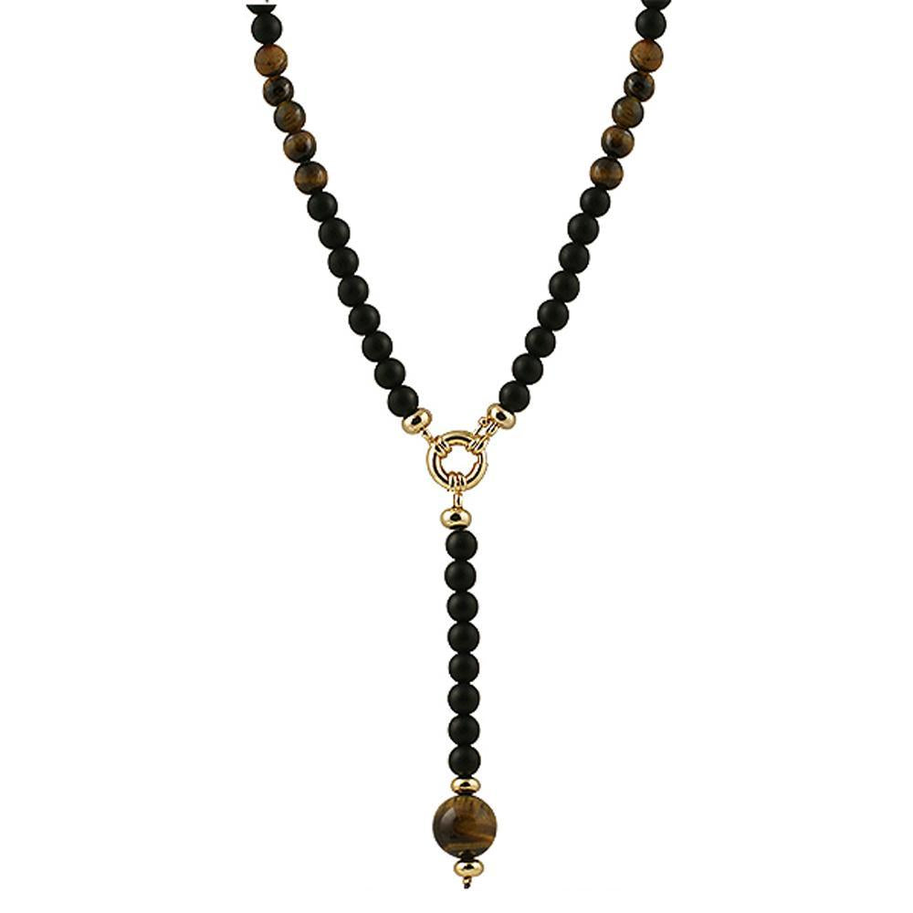 Tiger Eye Pendant Black Beads Rosary Chain Necklace
